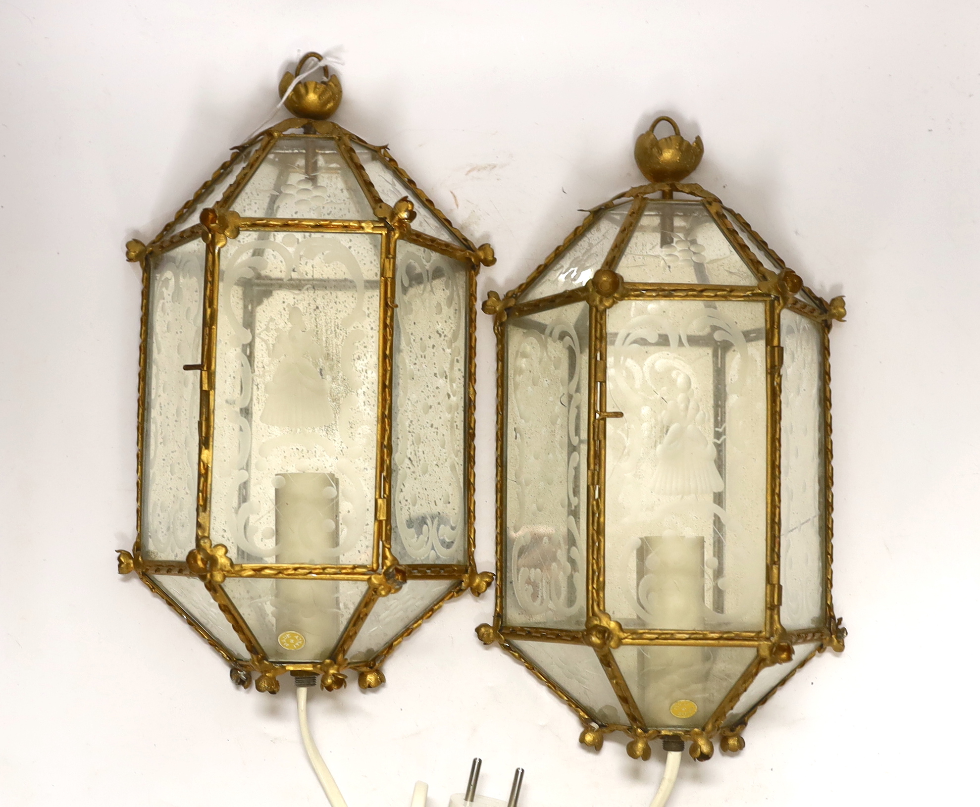 A pair of 1950's Italian glass and metal wall lights, 28cm high